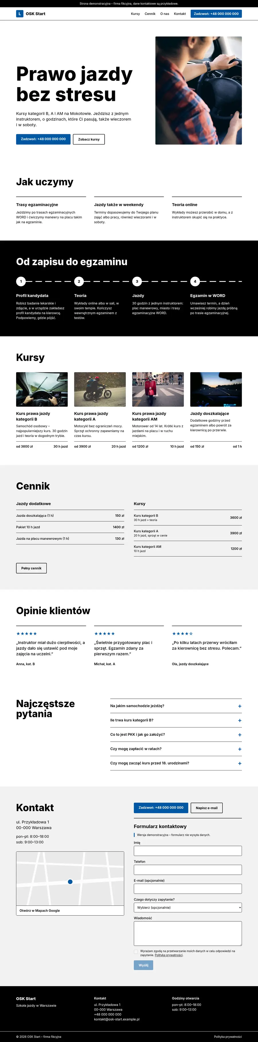 Cała strona OSK Start: kursy, droga od zapisu do egzaminu, cennik, opinie, pytania i kontakt